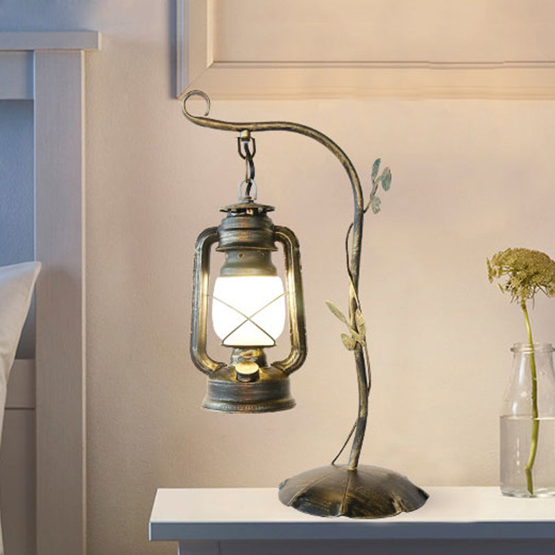 Kerosene Frosted Glass Table Lighting Warehouse 1 Light Bedroom Desk Lamp in Brass with Metal Branch Arm