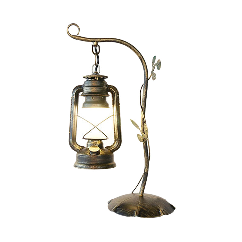Kerosene Frosted Glass Table Lighting Warehouse 1 Light Bedroom Desk Lamp in Brass with Metal Branch Arm