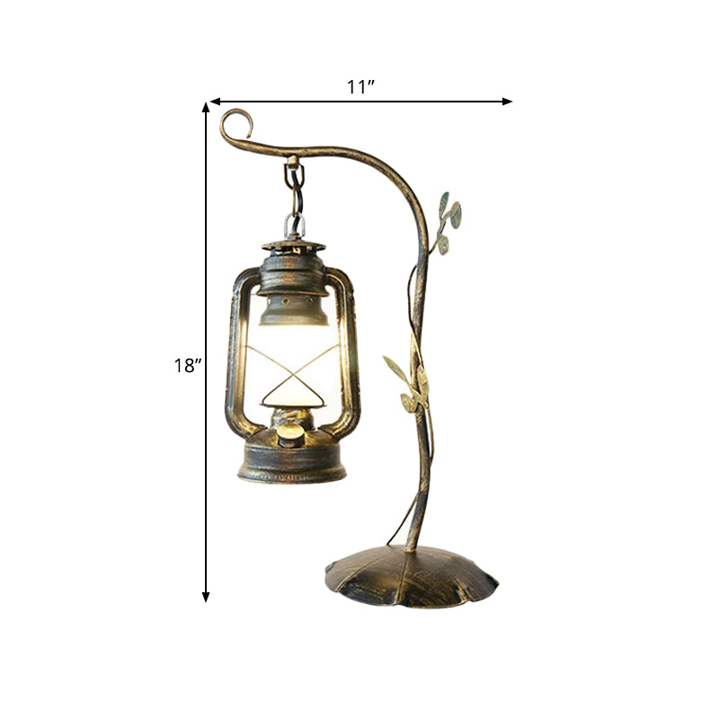 Kerosene Frosted Glass Table Lighting Warehouse 1 Light Bedroom Desk Lamp in Brass with Metal Branch Arm