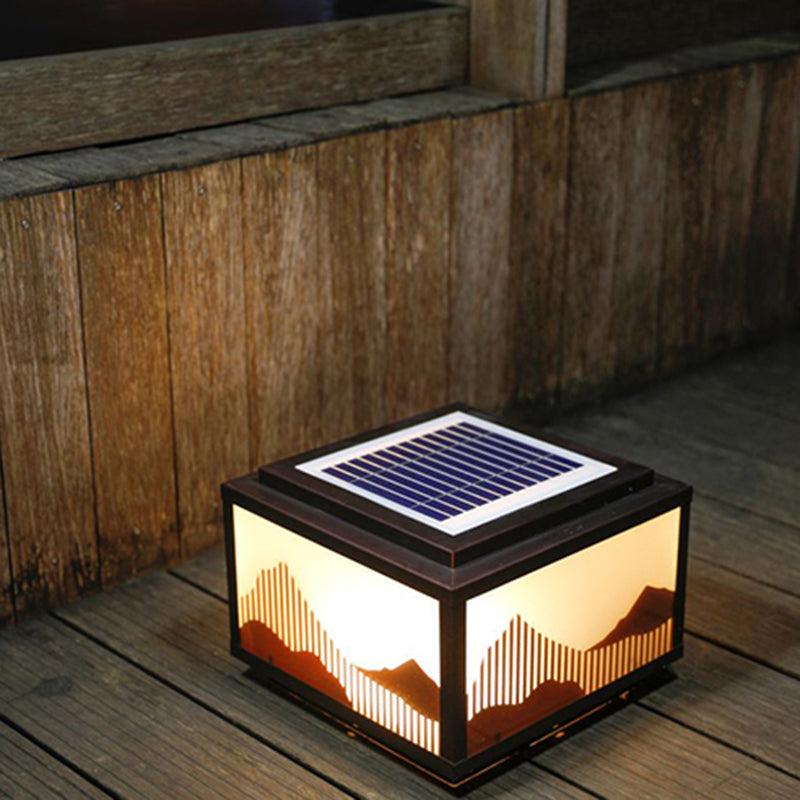 Rectangle Shape Metal Outdoor Light Modern 1 Light Solar Pillar Lamp in Brown
