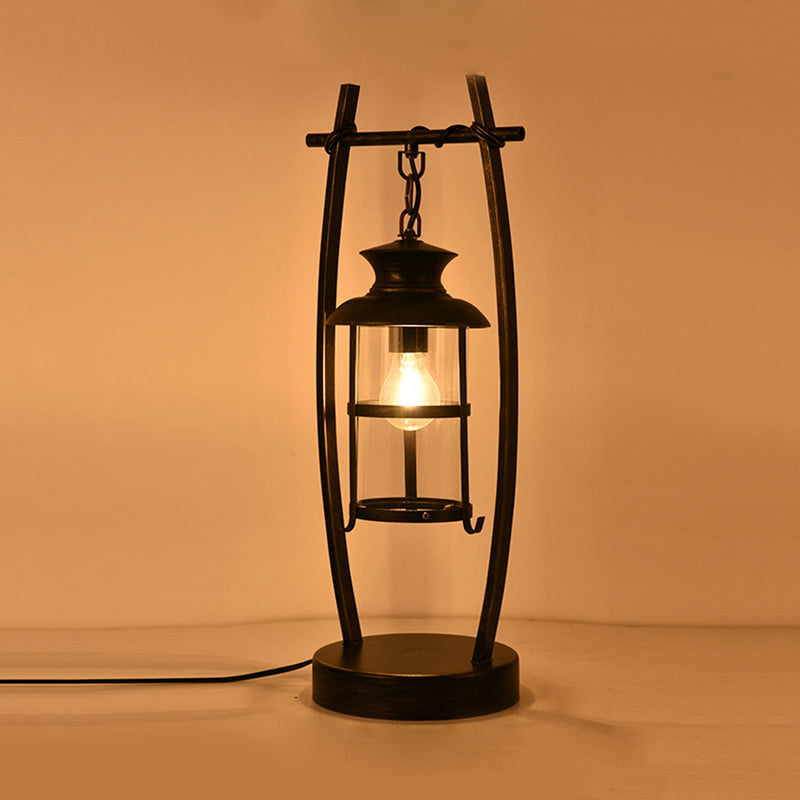 Lámpara de escritorio de latón con 1 luz, marco ovalado costero, lámpara de mesa de metal con linterna, pantalla de vidrio transparente