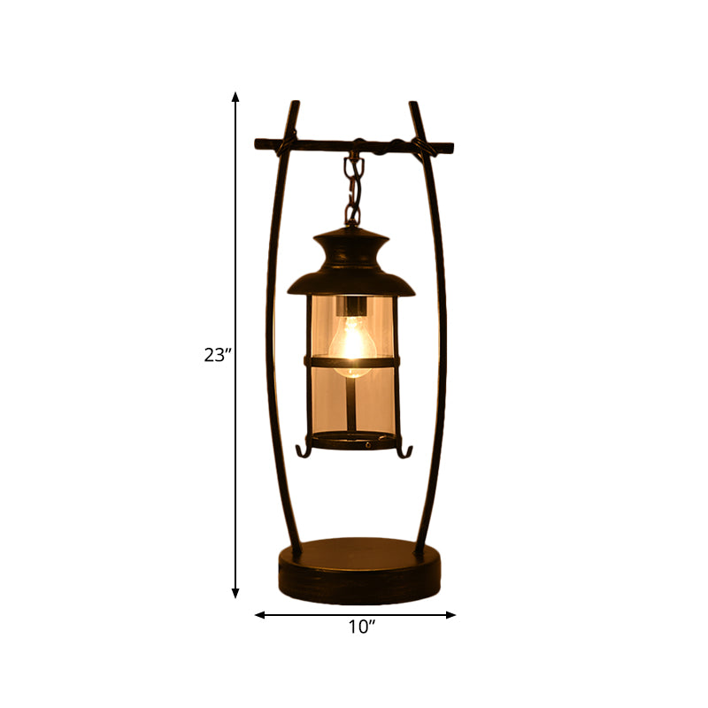 Lámpara de escritorio de latón con 1 luz, marco ovalado costero, lámpara de mesa de metal con linterna, pantalla de vidrio transparente