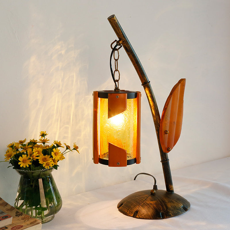 Cylinder Yellow Crackle Glass Desk Lighting Farm Style 1-Light Bedroom Table Light in Brass with Wood Leaf Deco