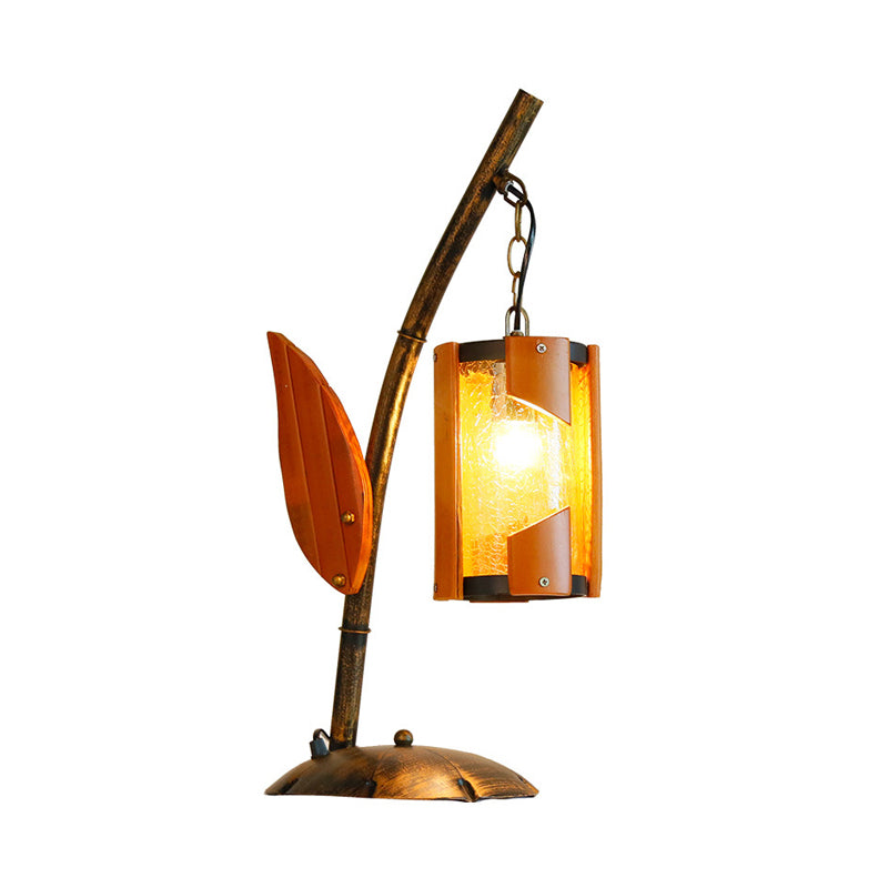 Cylinder Yellow Crackle Glass Desk Lighting Farm Style 1-Light Bedroom Table Light in Brass with Wood Leaf Deco