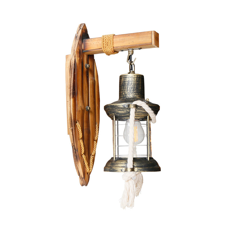 Brass Kerosene Wall Mount Lamp Vintage Clear Glass 1-Light Bedroom Sconce Lighting with Oval Bamboo Backplate