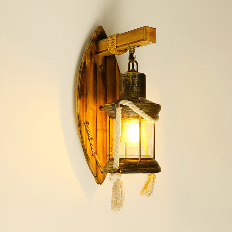 Brass Kerosene Wall Mount Lamp Vintage Clear Glass 1-Light Bedroom Sconce Lighting with Oval Bamboo Backplate