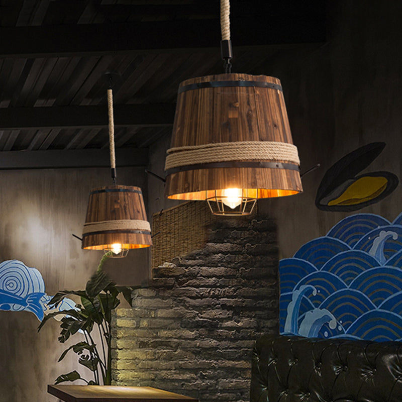 1 Light Pendant Light Fixture Farmhouse Bucket Shade Wood Suspension Lamp with Rope Rod