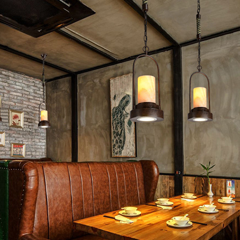 Marble Cylinder Pendant Lamp Factory 1-Bulb Dining Room Hanging Lighting in Rust with Metal Ring Deco