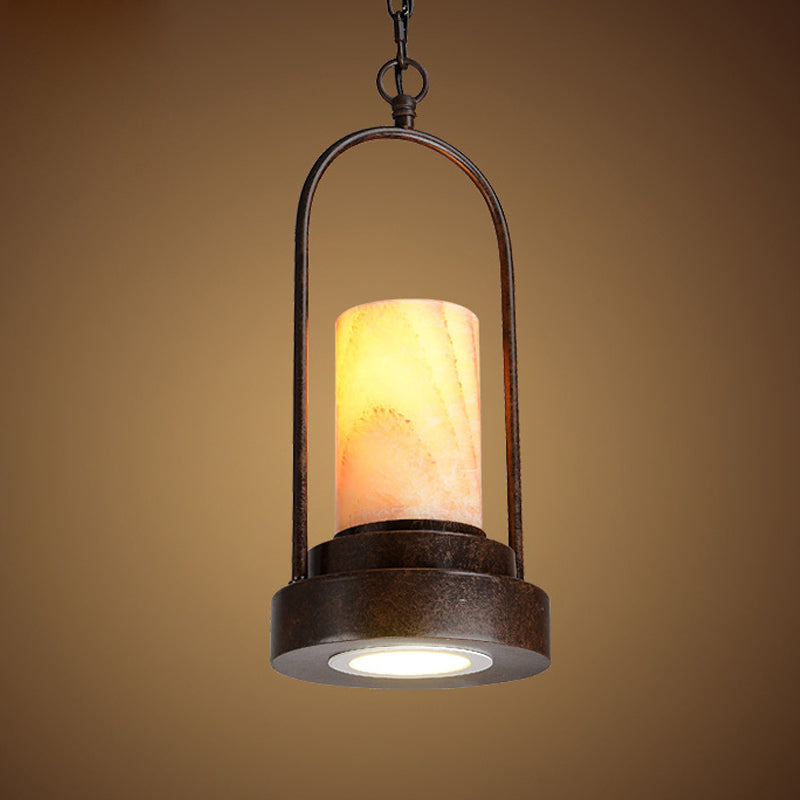 Marble Cylinder Pendant Lamp Factory 1-Bulb Dining Room Hanging Lighting in Rust with Metal Ring Deco