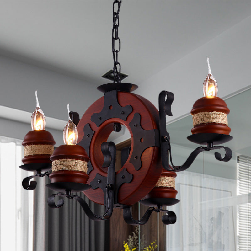4/6 Lights Candle Chandelier Light Fixture Vintage Brown Wood Pendant Lighting with Round Design