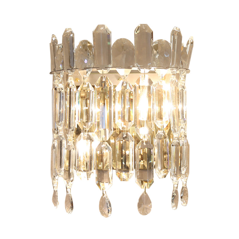 Modern Semi-Drum Wall Mount Lighting Clear Crystal 2 Heads Living Room Sconce Lamp Fixture