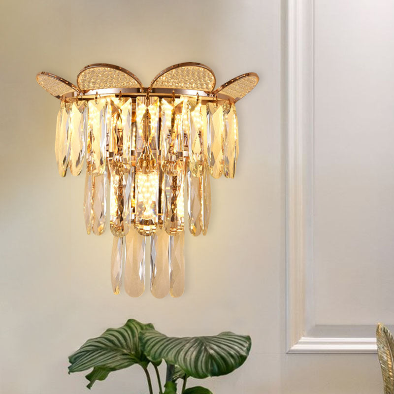 Gold Finish Tiered Sconce Lighting Contemporary 3 Bulbs Crystal Wall Mount Lamp Fixture