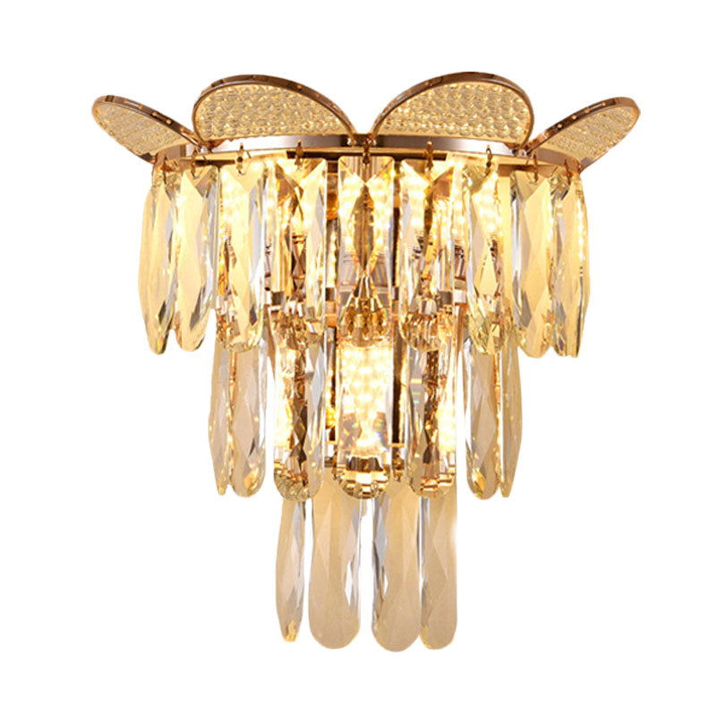 Gold Finish Tiered Sconce Lighting Contemporary 3 Bulbs Crystal Wall Mount Lamp Fixture