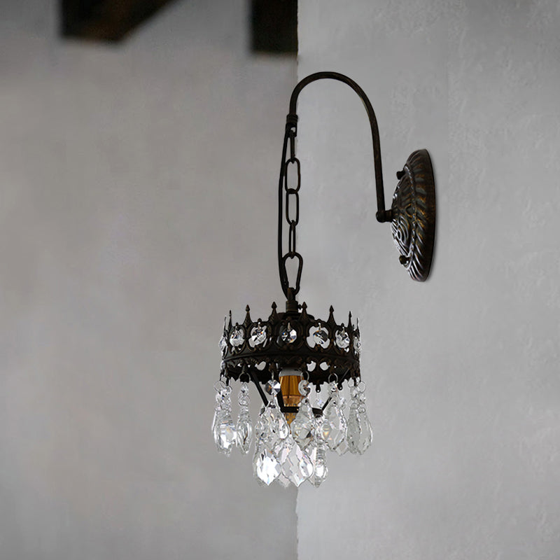 Traditionalism Crown Wall Light Sconce Metallic 1 Light Living Room Wall Lamp in Brass/Black with Crystal Droplet