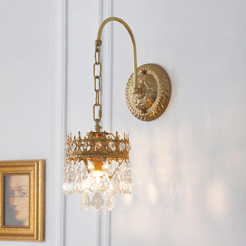 Traditionalism Crown Wall Light Sconce Metallic 1 Light Living Room Wall Lamp in Brass/Black with Crystal Droplet