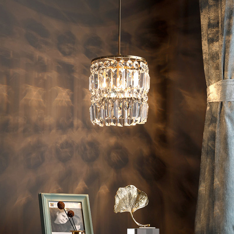 Crystal Cylindrical Pendant Light Fixture Modernist 1-Head Ceiling Suspension Lamp in Brass