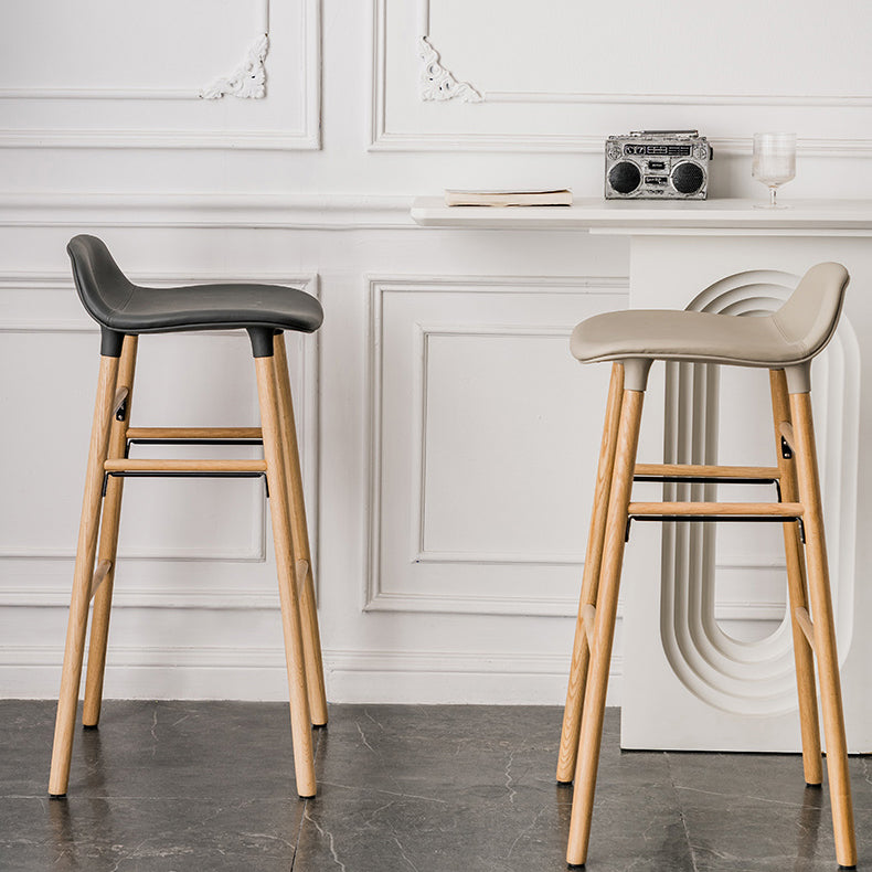 Faux Leather Counter Stool Modern Style Low Back Barstool with Solid Wood Legs