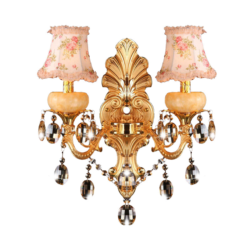 Double Arm Sconce Light Fixture Traditionalist Metal 2 Lights Gold Wall Mount Lamp with Crystal Drop and Fabric Shade