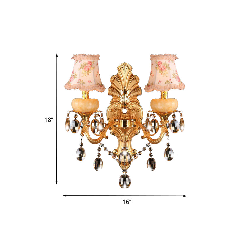 Double Arm Sconce Light Fixture Traditionalist Metal 2 Lights Gold Wall Mount Lamp with Crystal Drop and Fabric Shade