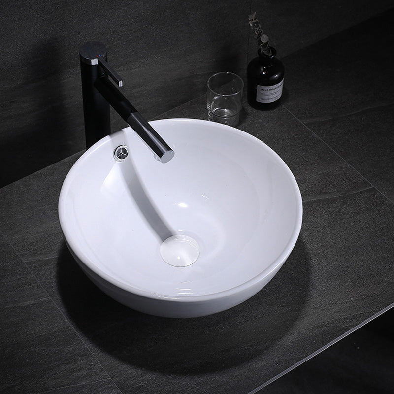 Modern Bathroom Sink with Pop-Up Drain Porcelain Round Vessel Lavatory Sink