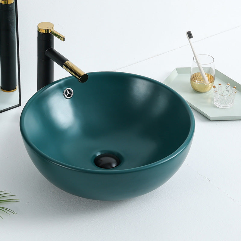 Modern Bathroom Sink with Pop-Up Drain Porcelain Round Vessel Lavatory Sink
