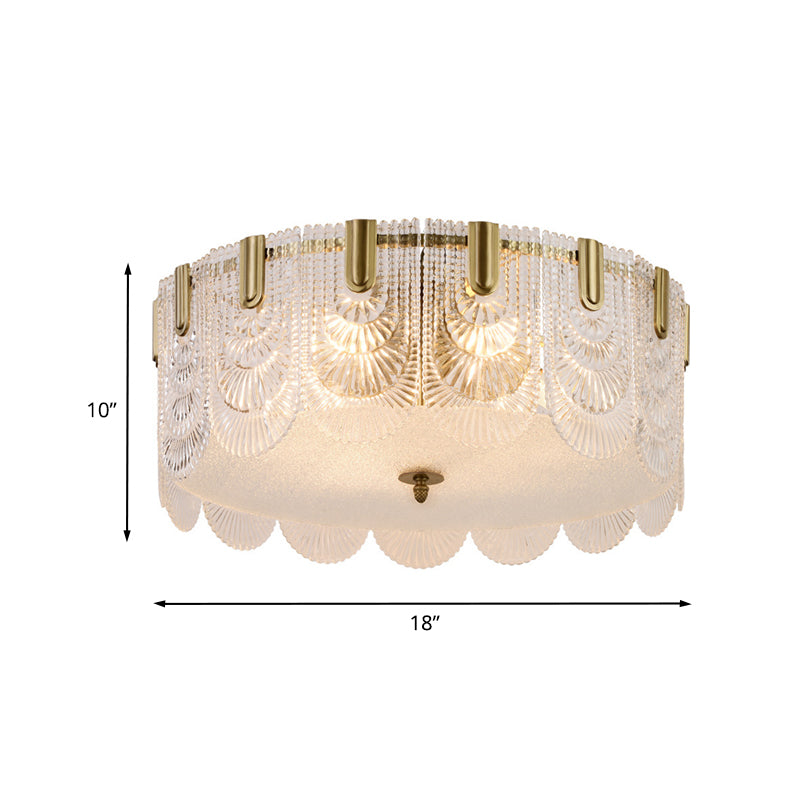 Traditionalist Drum Flushmount Lighting Prismatic Glass 6 Heads Bedroom Deckenbefestigung in Brass