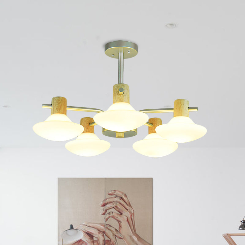 Modernisme Mushroom Semi Flush Light Opal Grosted Verre 5/6 TEAUX PLAFICATION DE CHAMBRE EN BOIS