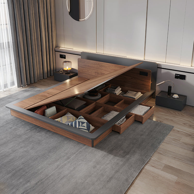 Contemporary Standard Bed Wood Lift Up Storage Panel Bed with Headboard