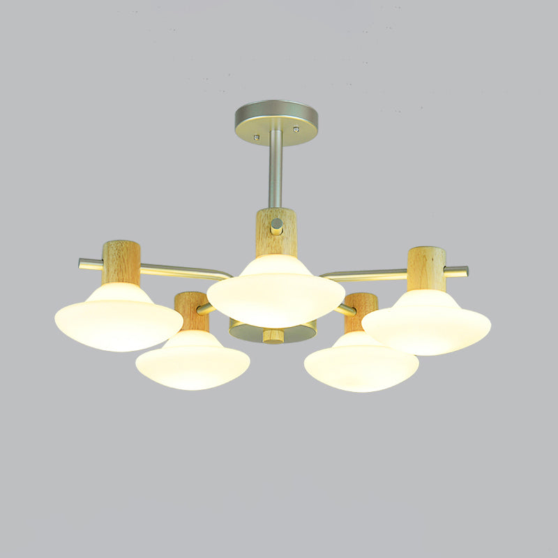 Modernisme Mushroom Semi Flush Light Opal Grosted Verre 5/6 TEAUX PLAFICATION DE CHAMBRE EN BOIS