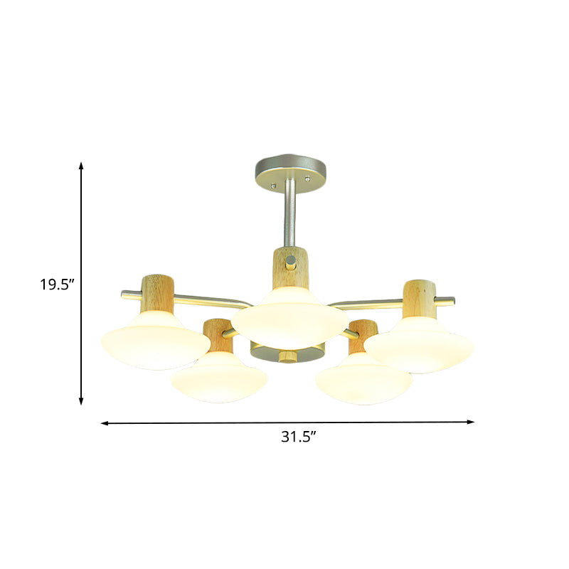 Modernisme Mushroom Semi Flush Light Opal Grosted Verre 5/6 TEAUX PLAFICATION DE CHAMBRE EN BOIS