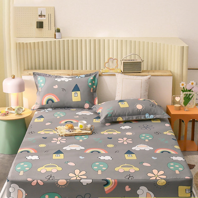 Vintage Cotton Fitted Sheet Cartoon Pattern Non-Pilling Breathable Fitted Sheet