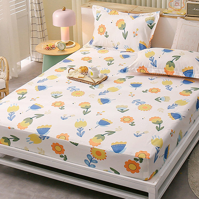 Vintage Cotton Fitted Sheet Cartoon Pattern Non-Pilling Breathable Fitted Sheet