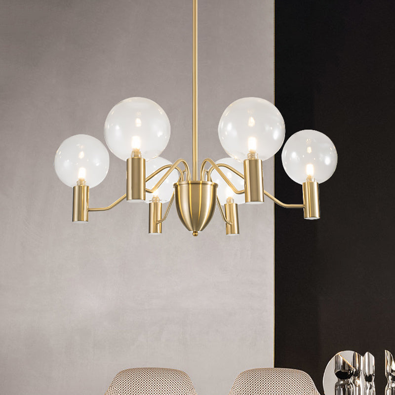Postmodern 6-Light Hanging Chandelier Gold Finish Spherical Suspension Pendant with Clear Glass Shade