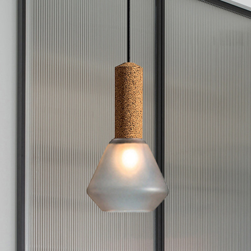 Modernist 1-Light Pendant Wood Diamond Ceiling Hang Fixture with Textured White/Smoke Gray Glass Shade