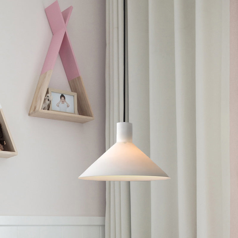 Wide Flare Hanging Light Kit Minimalist White Glass 1-Head Black Pendant Ceiling Lamp