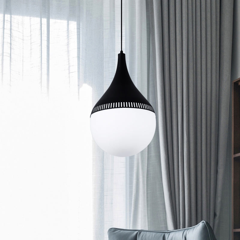 Modern Teardrop Hanging Ceiling Light Cream Glass 1 Head Corridor Pendant Lamp in Black