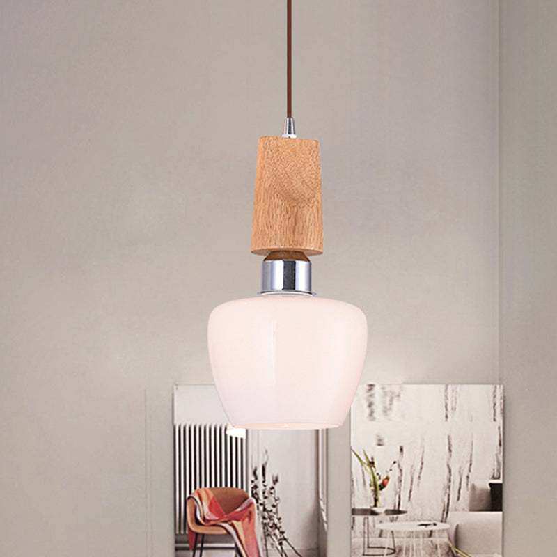 Chrome Tulip Pendant Vintage 1-Light Frosted White Glass Hanging Lighting with Wood Top