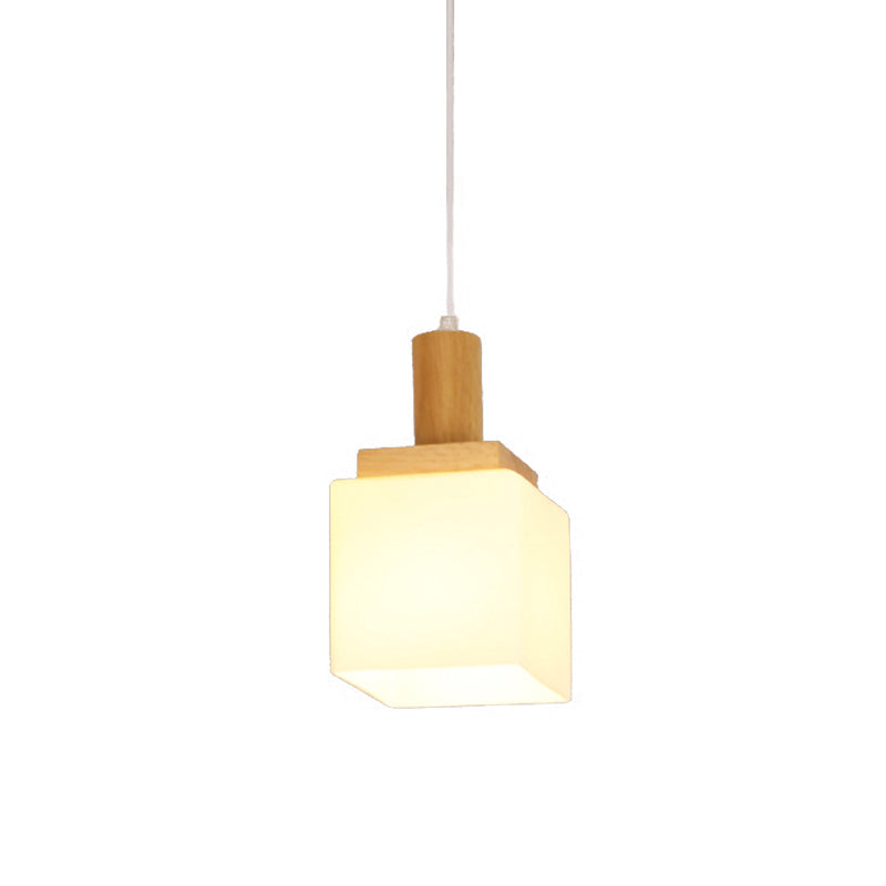 Cube Cream Glass Pendant Lighting Modern Asia 1-Head Wood Hanging Ceiling Lamp for Foyer