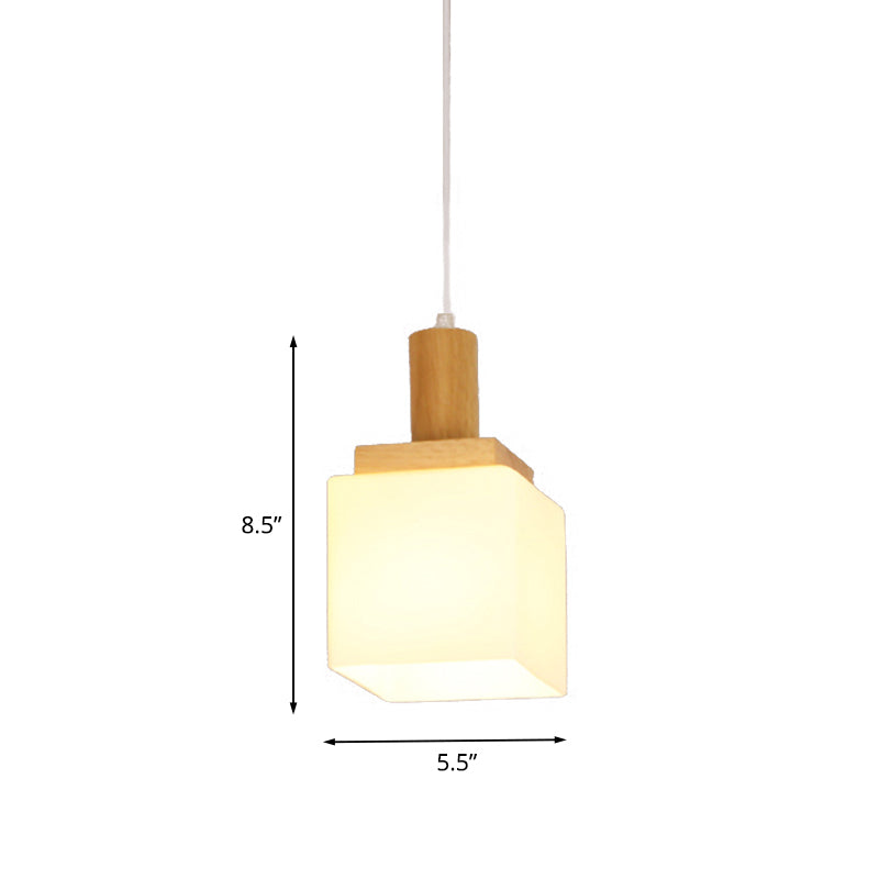 Cube Cream Glass Pendant Lighting Modern Asia 1-Head Wood Hanging Ceiling Lamp for Foyer