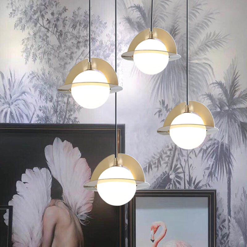 Cream Glass Sphere Suspension Light Post Modern 1-Light Pendant Lamp with Gold Panel Detail
