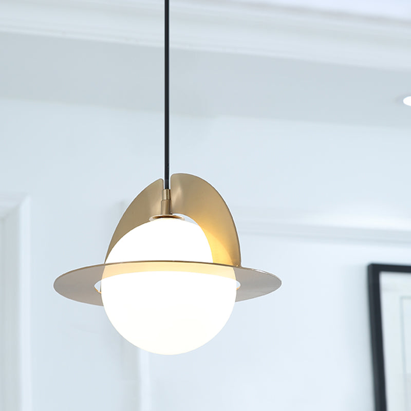 Cream Glass Sphere Suspension Light Post Modern 1-Light Pendant Lamp with Gold Panel Detail