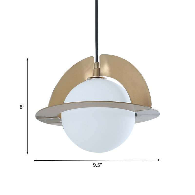Cream Glass Sphere Suspension Light Post Modern 1-Light Pendant Lamp with Gold Panel Detail