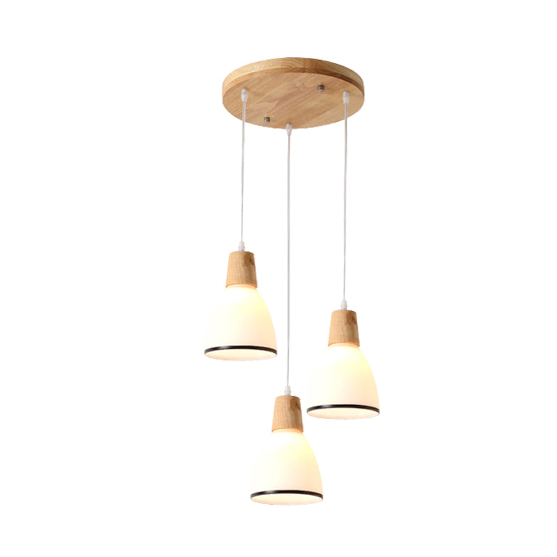 Wood Bell Multi Light Pendant Japanese 3 Heads White Glass Ceiling Suspension Lamp over Table