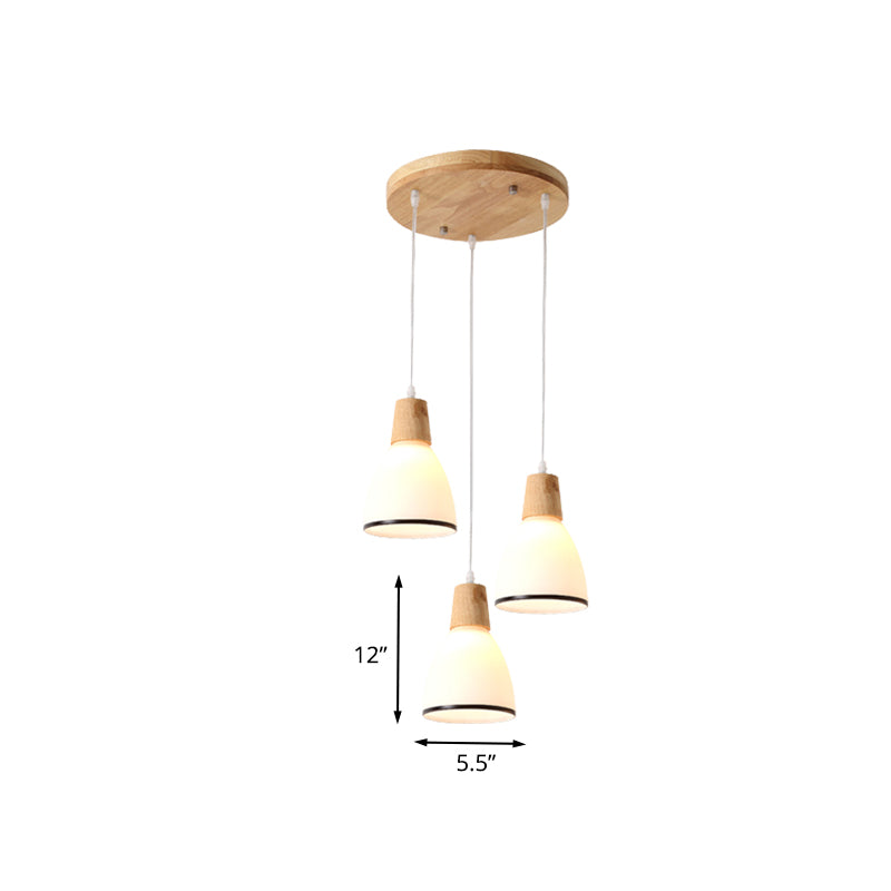 Wood Bell Multi Light Pendant Japanese 3 Heads White Glass Ceiling Suspension Lamp over Table
