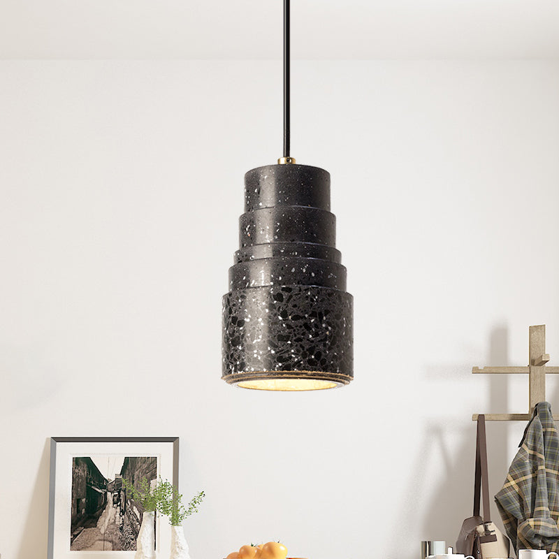 Nordic Tiered Tube Hanging Lighting Terrazzo 1-Light Bedside Drop Pendant Lamp in Black