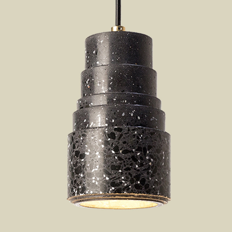 Nordic Tiered Tube Hanging Lighting Terrazzo 1-Light Bedside Drop Pendant Lamp in Black