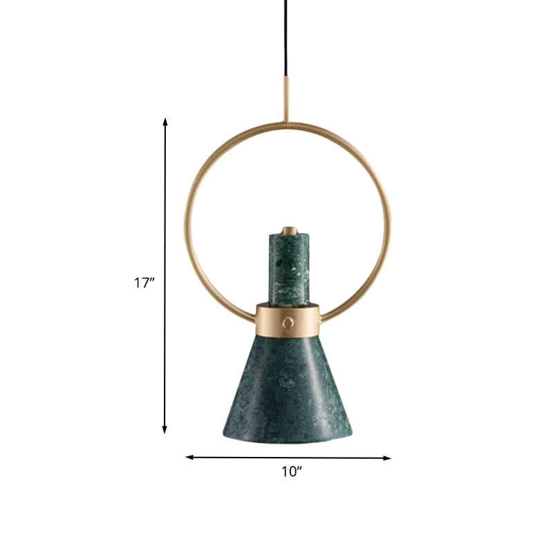 Marble Flared Pendant Light Nordic 1 Bulb Hanging Ceiling Lamp in Green with Gold Ring