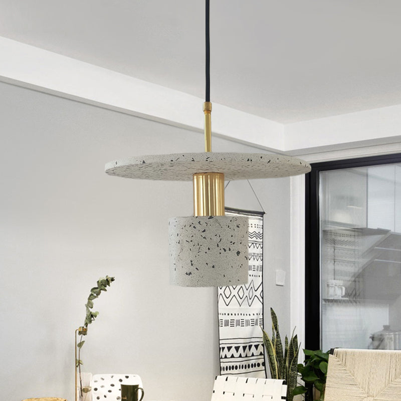 Round Plate and Cylinder Hanging Light Nordic Terrazzo 1-Light Coffee House Pendant Lamp in White/Black/Pink