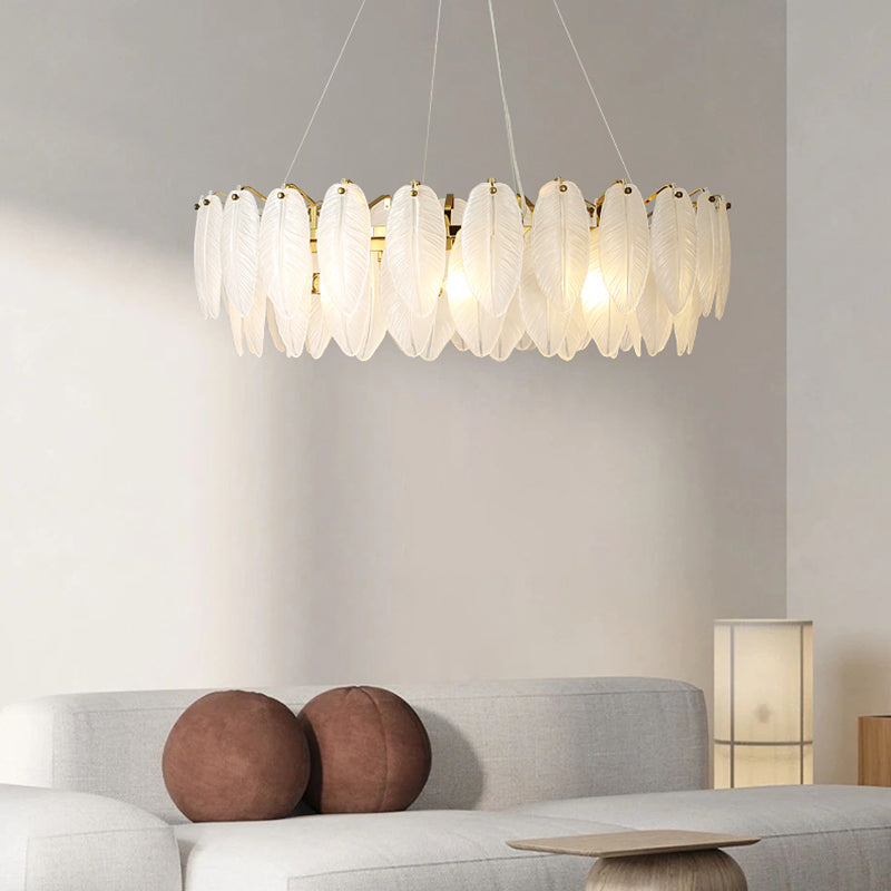 Gold Modern Metal Ceiling Lamp Feather Shape Island Light with Glass Shade for Living Room