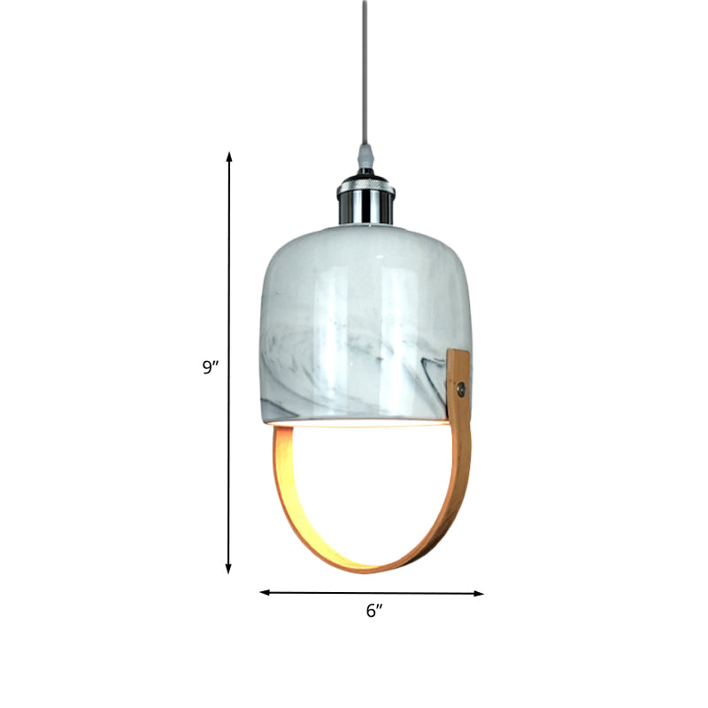 White Cup Shaped Drop Ceiling Light Modernist 1 Head Ceramics Pendant Lamp Fixture with Wood Handle